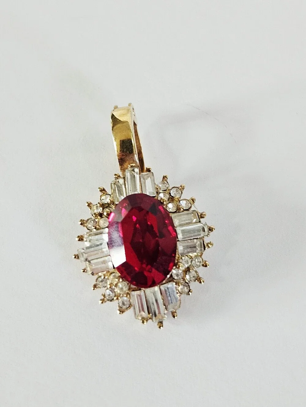 Vintage Red Rhinestone Baguette Cluster Ballerina Gold Tone Enhancer Pendant